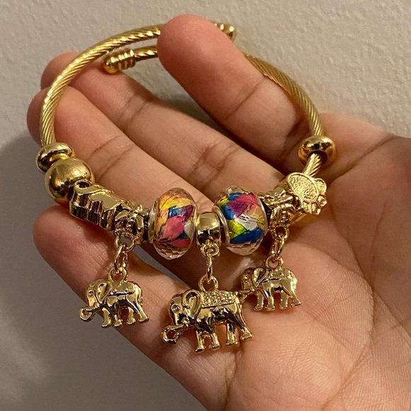 Plated Stainless Steel Charm Bangle Bracelet Elephant Pink Crystal - Picture 10 of 13